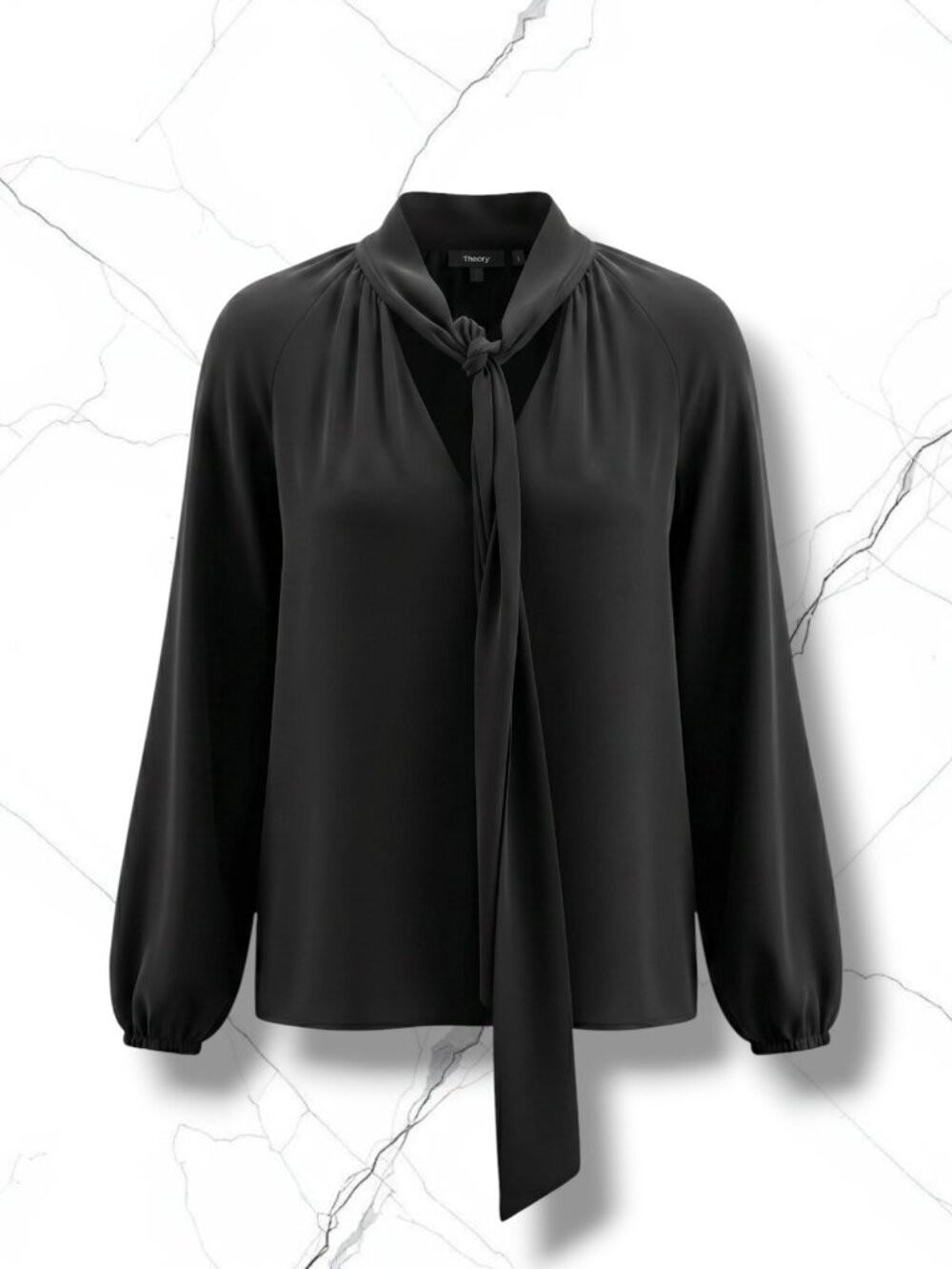 Theory Black 100% Silk Classic GGT Scarf Tie V-Neck Blouse M Long Sleeve